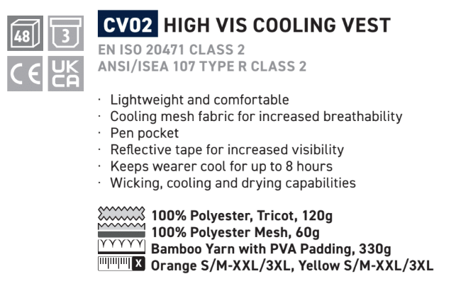 Description of the properties of the CV02 high-visibility cooling vest with link to the article. If you follow the link you will find the descriptions in detail.