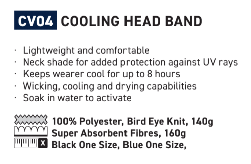 Description of the properties of the cooling bandana CV04 with a link to the article. If you follow the link you will find the descriptions in detail.