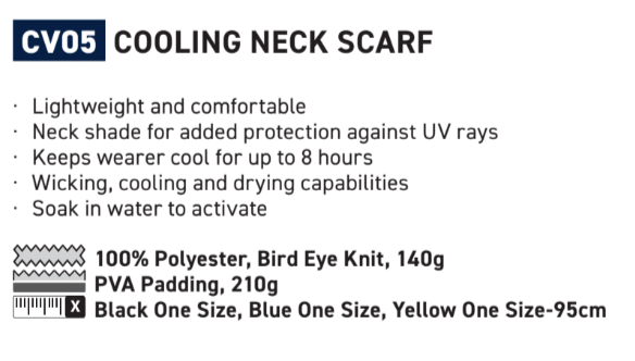 Description of the properties of the cooling neck band CV05 with a link to the article. If you follow the link you will find the descriptions in detail.
