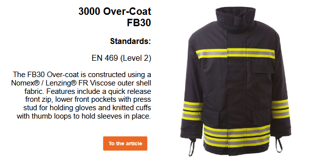 Image of the firefighter suit overcoat FB30 in dark blue with reflective stripes and yellow warning stripes. A short explanatory text is located next to the image. This can be viewed on the product page. The link provided leads to the product page.