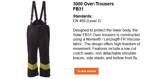 Image of the firefighter suit overtrousers FB31 in dark blue with reflective stripes and yellow warning stripes. A short explanatory text is located next to the image. This can be viewed on the product page. The link provided leads to the product page.