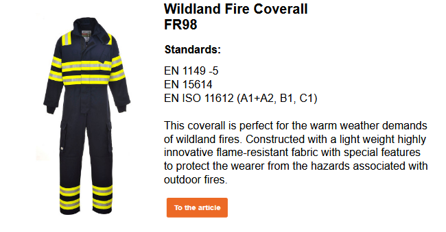 Retardant Coverall Image of the Bizflame Forest Fire FR98 Flame-Retardant Coverall in dark blue with reflective stripes and yellow warning stripes. A short explanatory text is located next to the image. This can be viewed on the product page. The link provided leads to the product page.