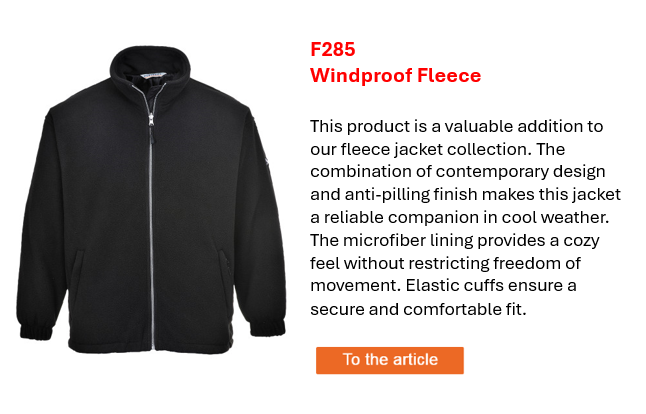Image of the windproof fleece jacket F285 in black next to a short info text, which is visible on the product page. A link to the product page is included.