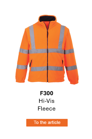 Image of the high-visibility fleece jacket with mesh lining F300 in orange with reflective strips. A link to the product page is included.