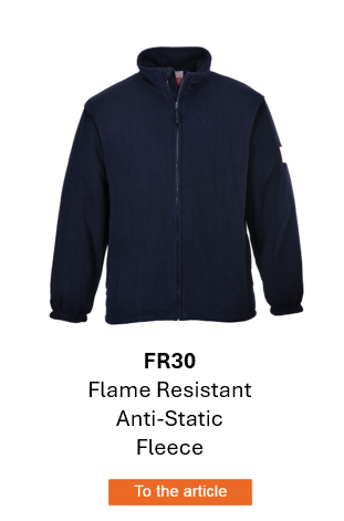 Image of the flame-resistant, anti-static fleece jacket Modaflame FR30 in navy blue. A link to the product page is included.