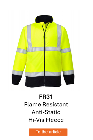 Image of the flame-resistant, anti-static hi-vis fleece jacket Bizflame FR31 in bright yellow with blue details and reflective strips. A link to the product page is included.