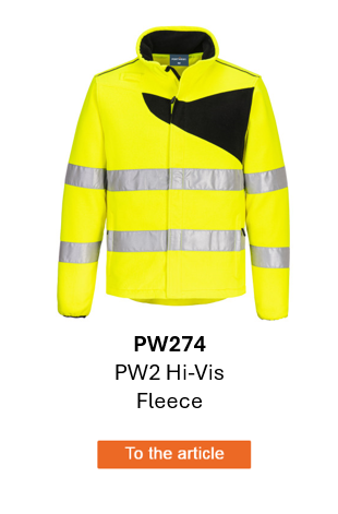Image of the PW2 high-visibility fleece jacket PW274 in bright yellow with black details and reflective strips. A link to the product page is included.