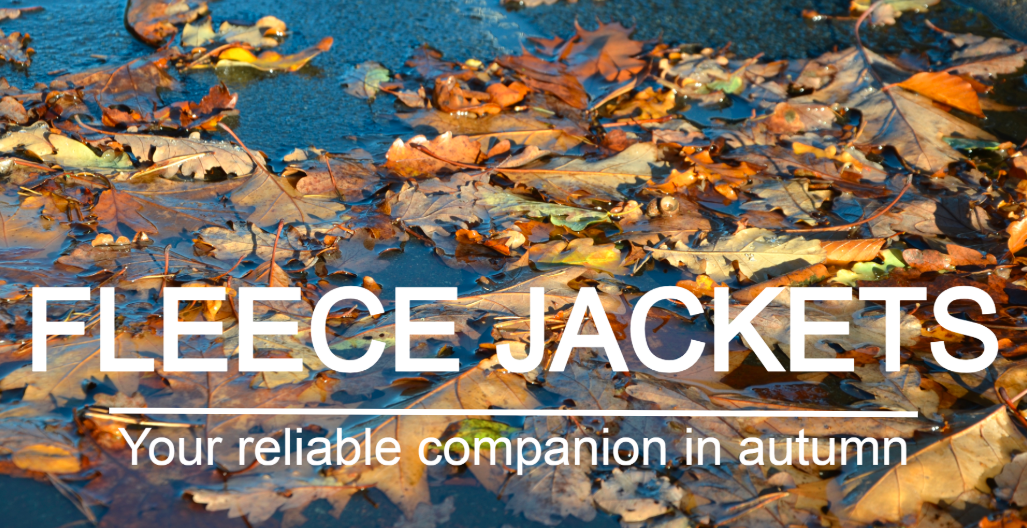 Autumn cover image with wet, colorful leaves on a street. White lettering: Fleece jackets – your reliable companion in autumn.