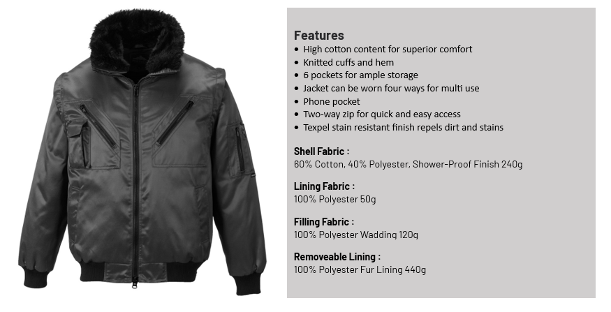 Black pilot jacket PJ10 with a list of item properties and a link to the item.