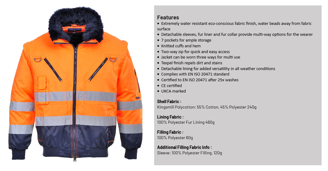 3 in 1 high visibility pilot jacket PJ50 in blue-orange with description of the item features and link to the item.