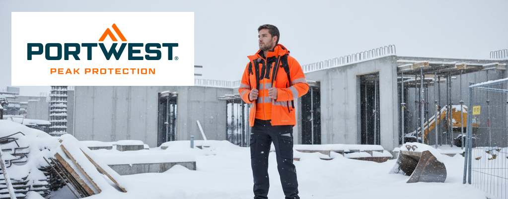 A worker wearing the bright orange Portwest DX4 high-visibility winter jacket DX461 with black details and reflective stripes on a snowy construction site.