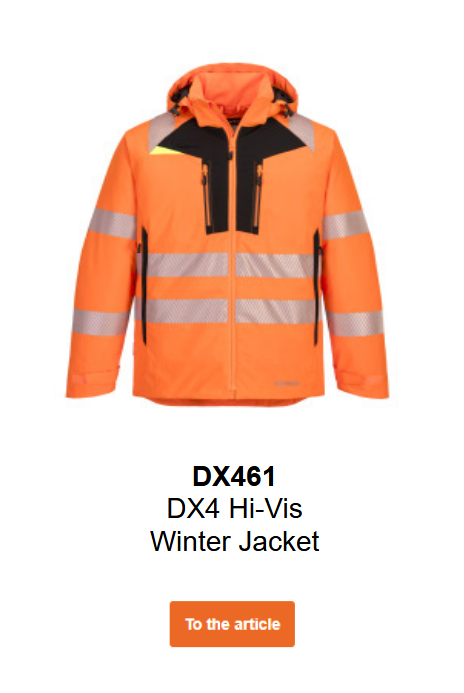 Image of the DX4 high-visibility winter jacket DX461 in orange with black and yellow details and reflective stripes. A link to the product is provided.