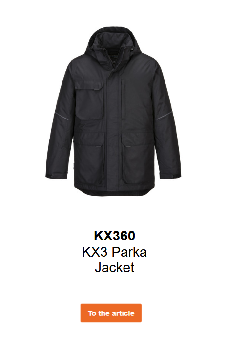 Image of the KW3 parka KX360 in black. A link to the product is provided.