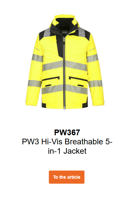 Image of the PW3 high-visibility breathable 5-in-1 jacket PW367 in yellow with black details and reflective stripes. A link to the product is provided.