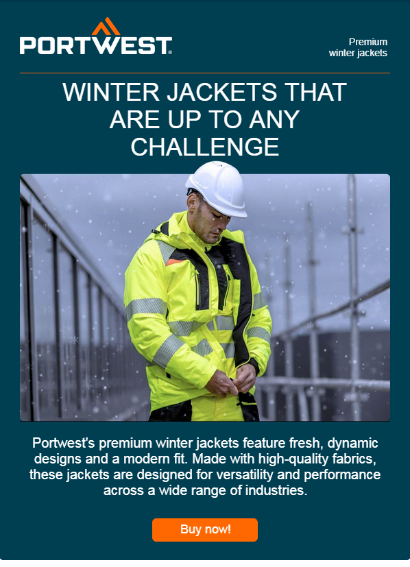 Header image with the title "Winter jackets that can handle any challenge" and a picture of a worker in high-visibility yellow winter clothing. The man is wearing a white safety helmet and is about to zip up his jacket. A snowy construction site is visible in the background. A link to our winter jackets is provided.