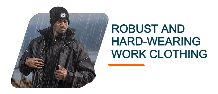 Worker in black work clothes and black cap in the rain. Link to the PW3 series workwear.