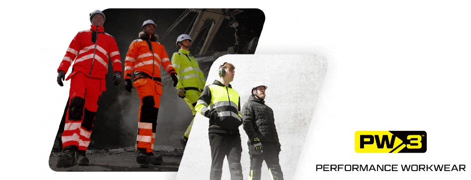 Five male models in Portwest workwear. You can see red and yellow high-visibility clothing, white helmets, ear protection and black clothes. Next to the images is the Portwest brand logo.
