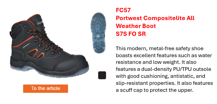 Image of the Portwest Compositelite All-Weather Boot S3 WR FC57 in black with orange details, plus a short product description available on the product page. Also shown: the sole of the boot.
