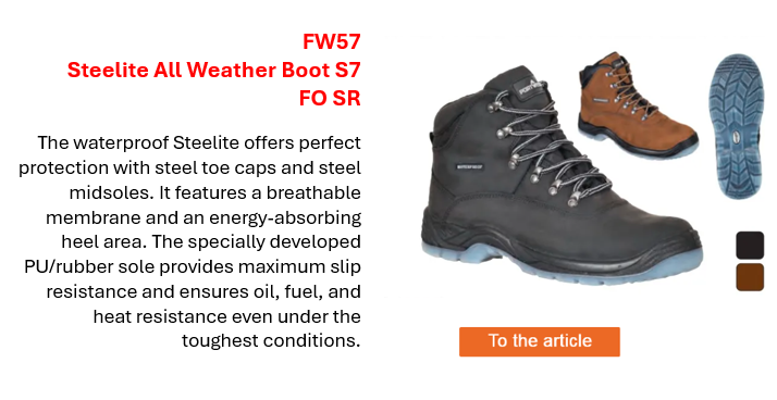 Image of the Steelite All-Weather Boot S3 WR FW57 in black with grey sole, plus a short product description available on the product page. Also shown: the brown version and a sole view.