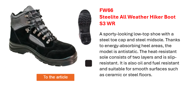 Image of the Steelite All-Weather Trekking Boot S3 WR FW66 in black with grey details, plus a short description found on the product page. Also shown: the sole of the boot.