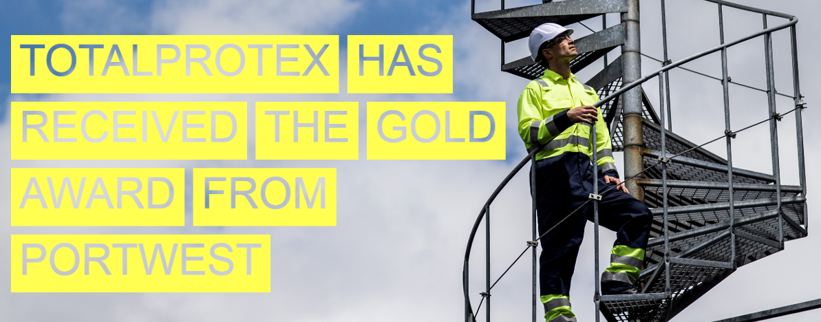 Worker in yellow warning clothing climbs a spiral staircase and looks at the sky. A blue sky with white clouds can be seen in the background. The image is captioned 'Totalprotex has received the Gold Award from Portwest'.
