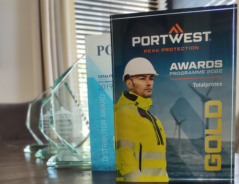 In the picture you can see the various awards that Totalprotex has received. First up is the Portwest Gold Award.
