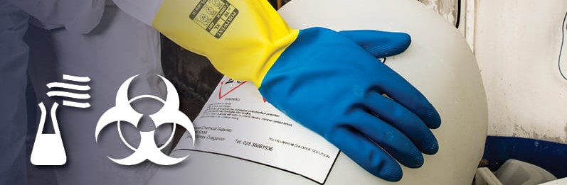 Yellow and blue chemical protective gloves mockup image with hazardous chemical warning symbols