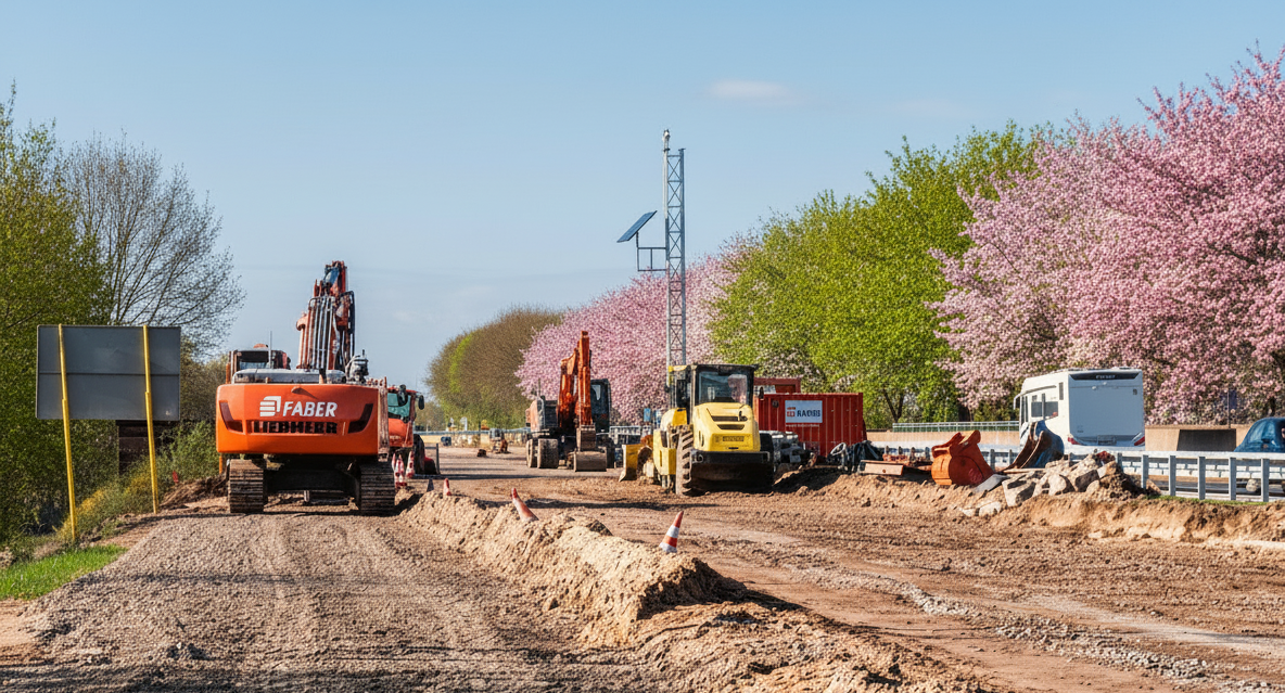 Construction site with various excavators and vehicles. To the right and left of the unpaved road are trees with fresh green leaves and pink blossoms.